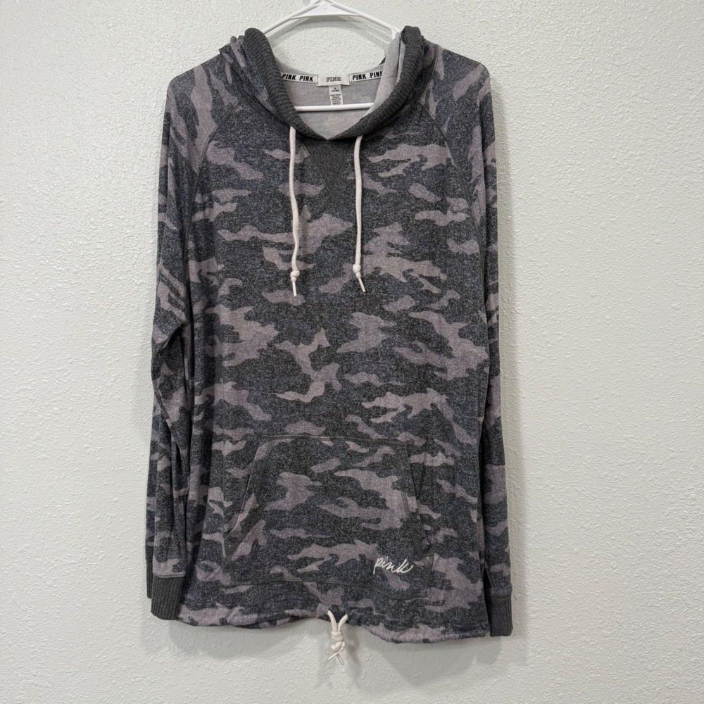 PINK Victoria's Secret Grey Camo Pullover Hoodie Cinch Hem Size M